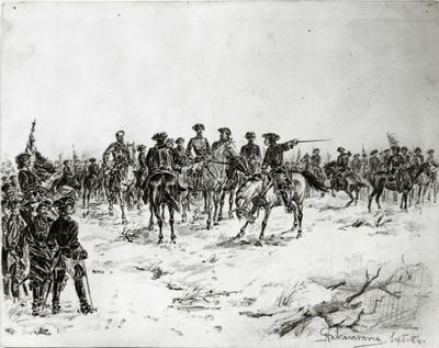 Tegning med blyant på papir av Karl XII med kavalleri. Foto/Photo